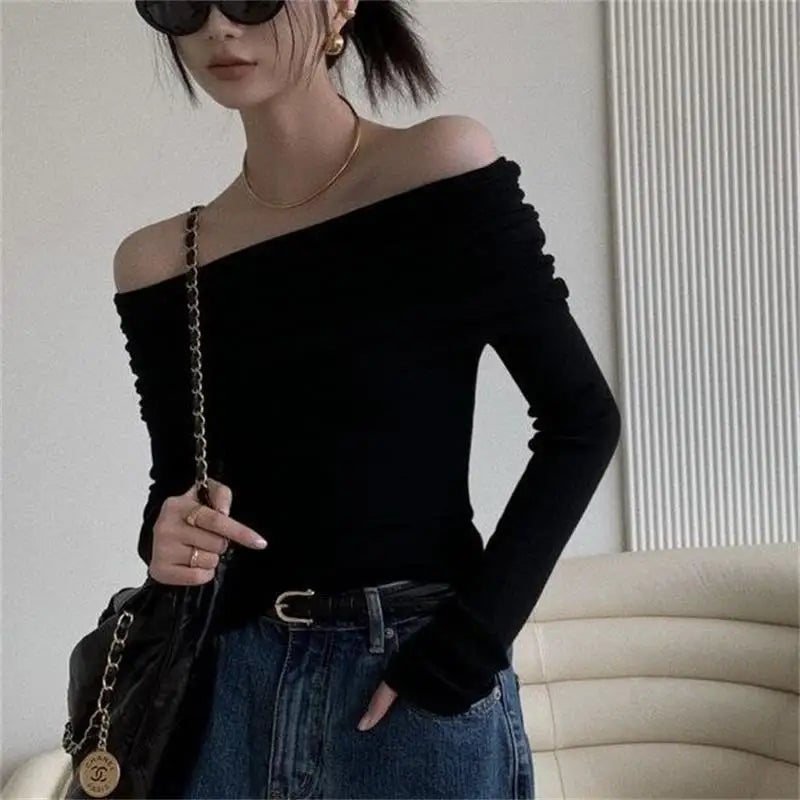 Black Sexy Tops Off Shoulder Long Sleeve