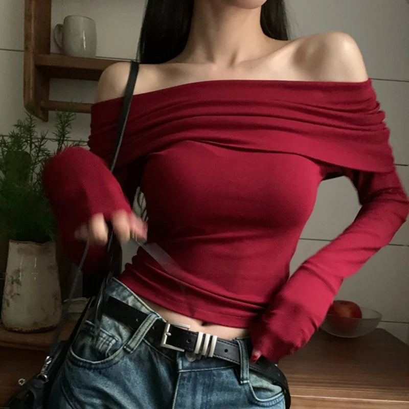 Black Sexy Tops Off Shoulder Long Sleeve
