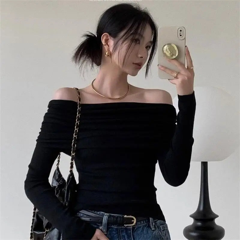 Black Sexy Tops Off Shoulder Long Sleeve