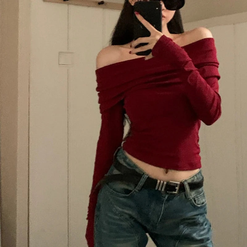 Black Sexy Tops Off Shoulder Long Sleeve