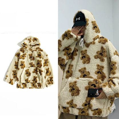 V-hanver little bear Pattern furry Hoodie