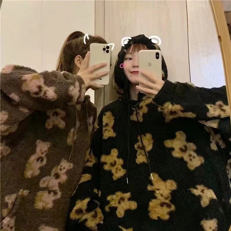 V-hanver little bear Pattern furry Hoodie