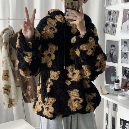 V-hanver little bear Pattern furry Hoodie