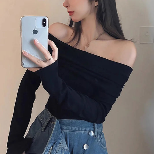 Black Sexy Tops Off Shoulder Long Sleeve