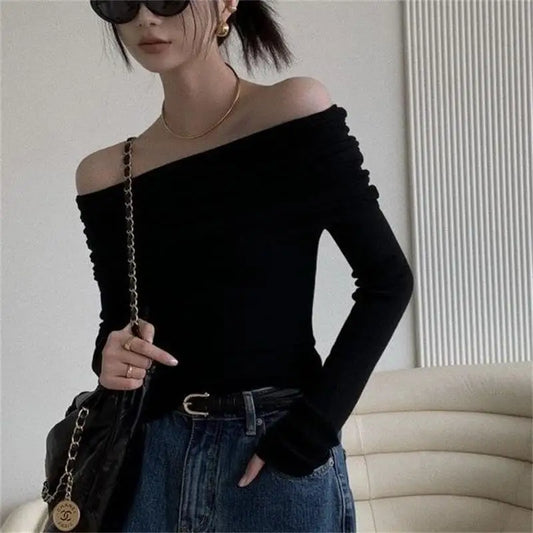 Black Sexy Tops Off Shoulder Long Sleeve